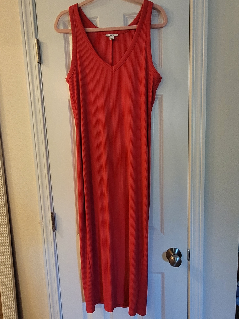Bar III Coral-Red Ribbed V-Neck Maxi Dress